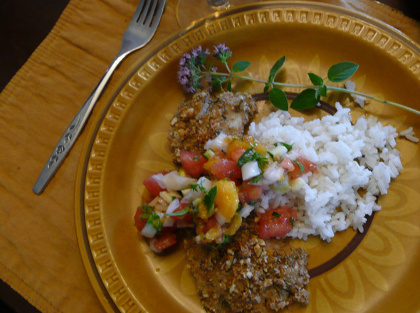 Parmesan-Almond Crusted Fish with Peach-Cilantro Salsa