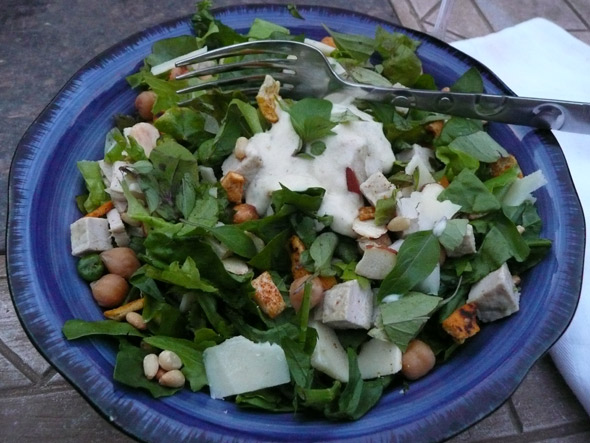 Salad with Pork, Romano shards, Spicy snack mix, Nuts, and Green Chile Ranch Dressing