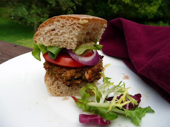 Baked Eggplant Cannellini Burgers with Hummus