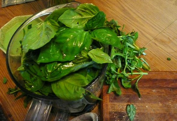 Basil in the blender, awaiting the pesto-making