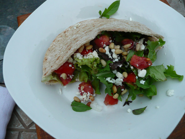 Pita with hummus, mixed greens, goat cheese, feta, tomato & toasted pinons