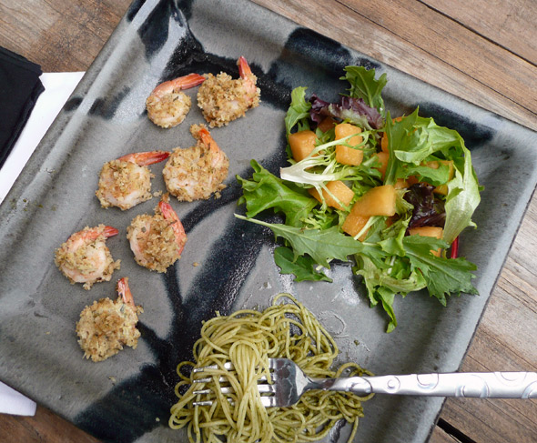 Healthy Herb-&-Parmesan Crusted Shrimp with Angel Hair Pasta and Cantaloupe Salad