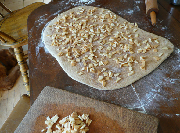 The dough sprinkled with apples