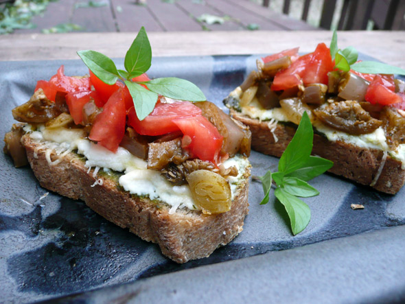 Eggplant Mushroom Ricotta Bruschetta