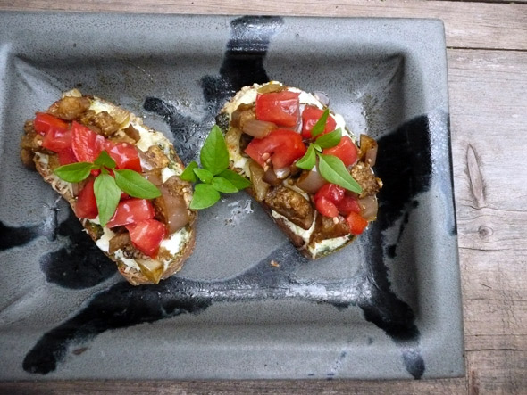 Eggplant Mushroom Asiago Bruschetta