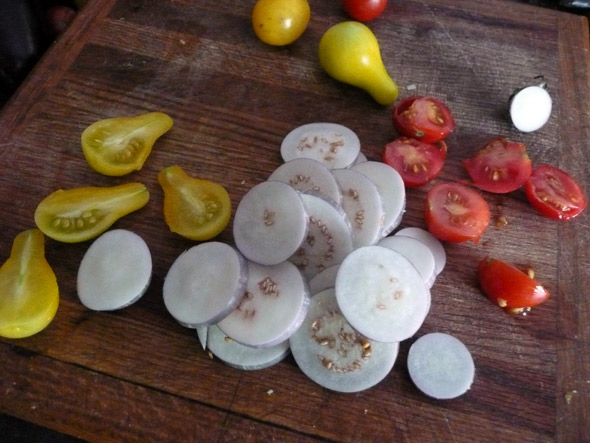 Sliced eggplant for the pizza