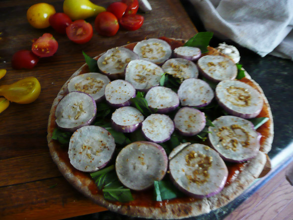 Roasted Eggplant & Tomato Button Pizza