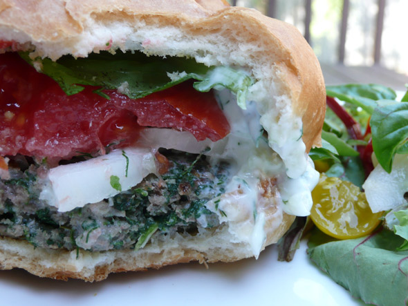 Feta-Stuffed Gyro Burgers with Tzatziki Sauce