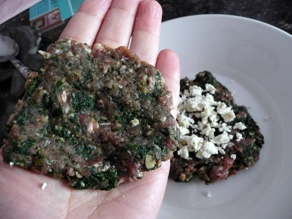 Making the burgers: make a thin patty to put on the top of the cheese stuffing