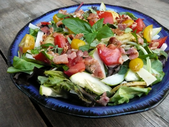 Mini Ravioli Salad with Bacon, Herbs, and Basil Vinaigrette
