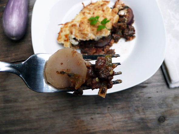 moussaka on a fork - YUMMMM! :)