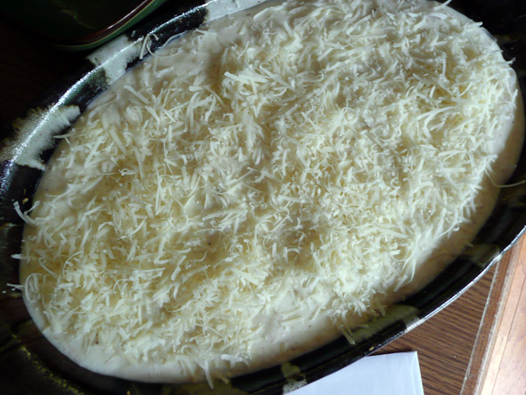 moussaka- topped with bechamel and cheese