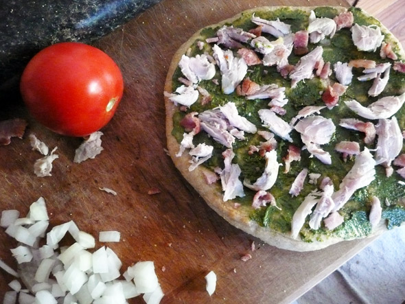 Making Pesto Chicken Bacon Pizza