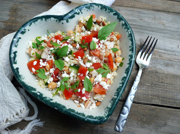 Herbed Quinoa with Turkey, Shrimp, Chick Peas, Cucumber and Feta