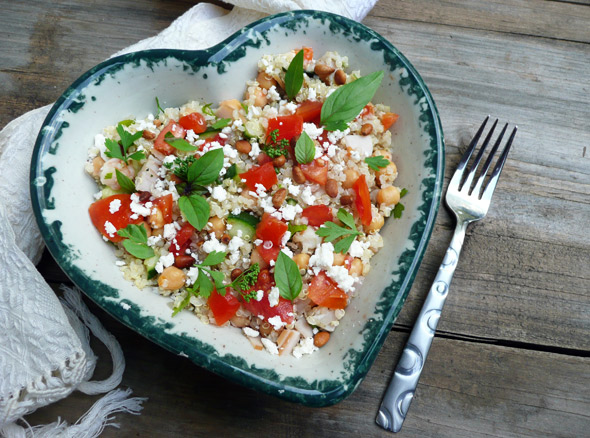 Herbed Quinoa with Turkey, Shrimp, Chick Peas, Cucumber and Feta 