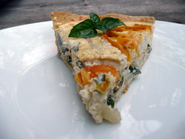Herbed Harvest Vegetable, Bacon and Goat Cheese Quiche with the Simplest Crust ever