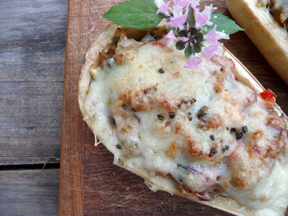 Shrimp, Basil, & Bacon-Stuffed Eggplant with Two Cheeses