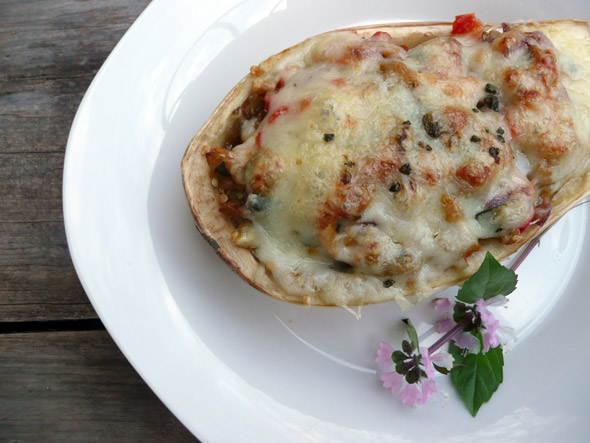 Shrimp, Basil, and Bacon Stuffed Eggplant