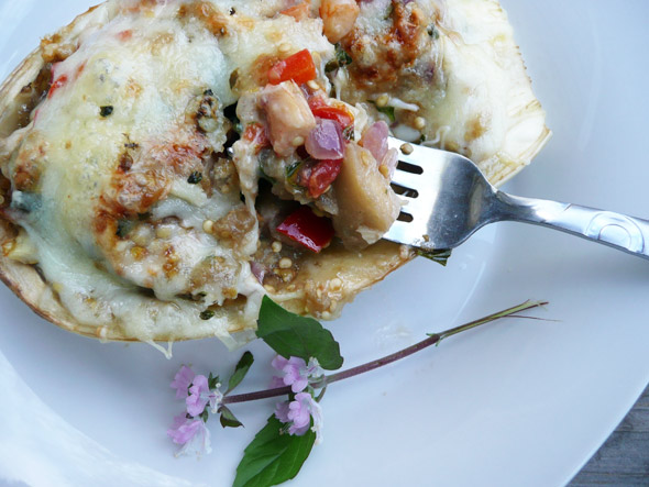 Shrimp, Basil, and Bacon Stuffed Eggplant with Swiss and Goat Cheese