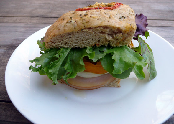 Turkey & Provolone Sandwich on Tomato Rosemary Focaccia with Pesto Cream