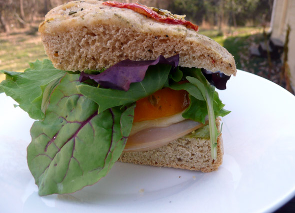 Smoked Turkey & Provolone on Focaccia with Pesto Cream