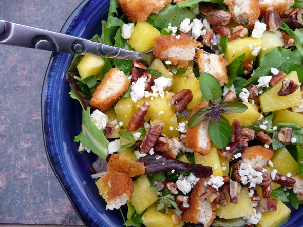 Basil Watermelon Salad with Chicken, Blue Cheese, and Toasted Pecans