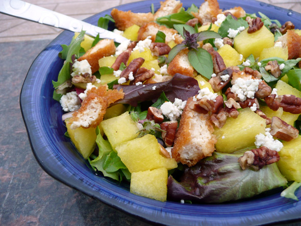 Basil Watermelon Salad with Chicken, Blue Cheese, Toasted Pecans and a Tequila Lime Vinaigrette
