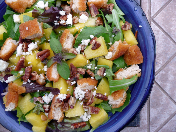 Basil Watermelon Salad with Chicken, Blue Cheese, and Toasted Pecans
