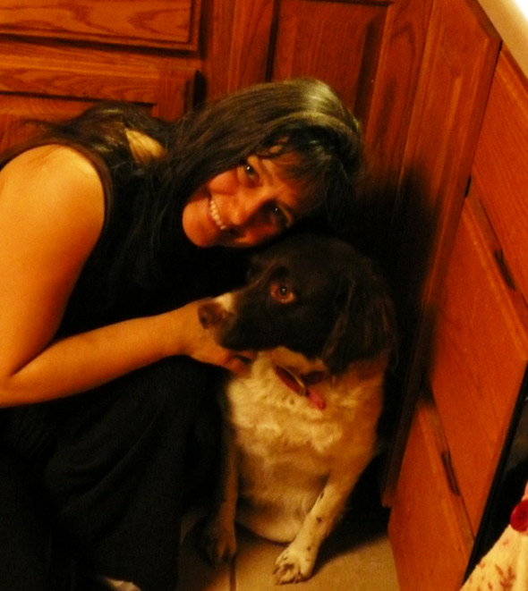 Me and my sister's little dog: we got dipped in chocolate together