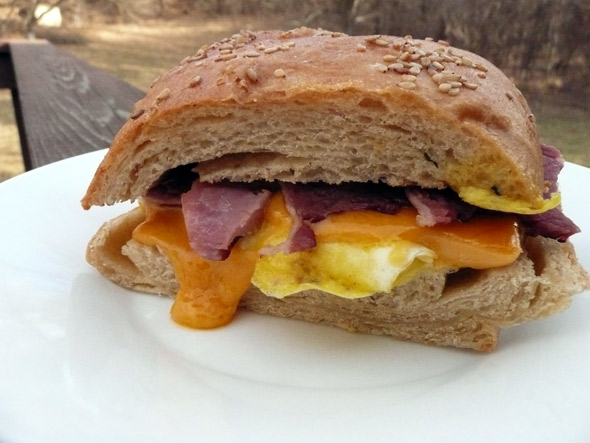 Ham & Cheese Breakfast Sandwich on Toasted Gruyere-Basil French Bread