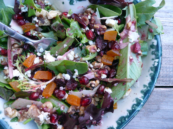 Pomegranate Walnut Salad with dried cranberries, apricots, mixed cheeses and Maple Cranberry Vinaigrette