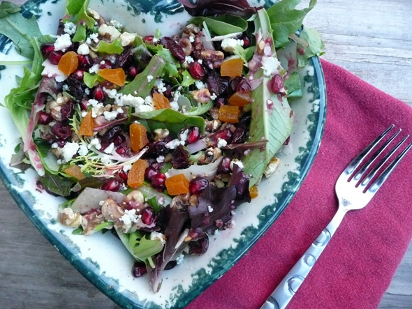 Pomegranate Walnut Salad with Mixed Cheeses and Maple Cranberry Vinaigrette