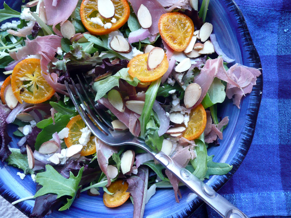 Kumquat Prosciutto Salad with Almonds, Feta & Romano Cheese