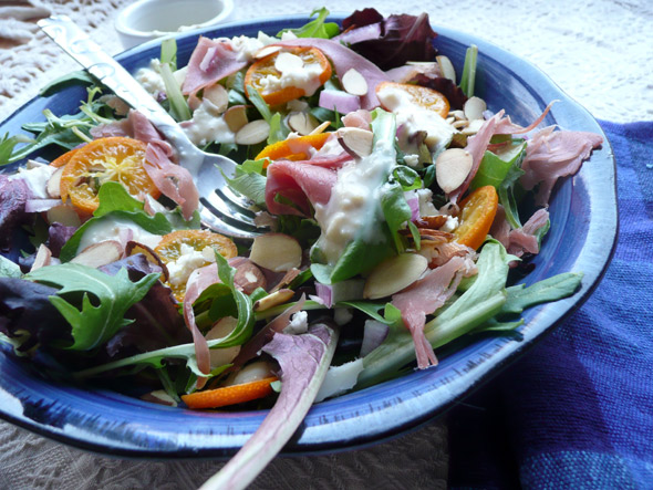 Kumquat Proscuitto Salad with Toasted Almonds, Feta, and Romano Cheese