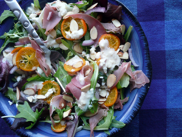 Kumquat Prosciutto Salad with Toasted Almonds, Feta, and Romano Cheese