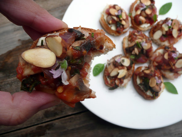 Pan Seared Basil Mushroom Bruschetta with Blue Cheese Rosemary Cream