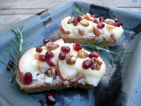 Rosemary Pear Crostini with Walnuts, Pomegranates & Three Cheeses