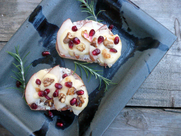 Rosemary Pear Crostini with Walnuts, Pomegranates & Three Cheeses