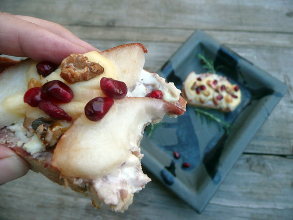Rosemary Pear Crostini with Walnuts, Pomegranate, and Three Cheeses