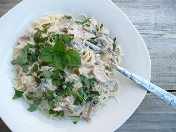 White Wine Mushroom Cream Sauce over Angel Hair Pasta (low fat, healthy!)