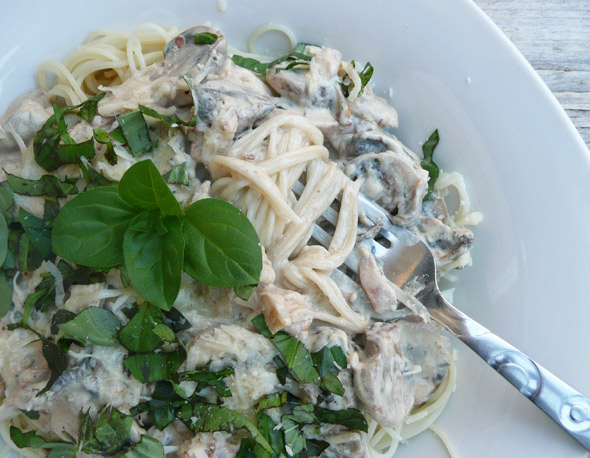 White Wine Mushroom Cream Sauce over Angel Hair Pasta ... a lower-fat, healthified recipe ... 