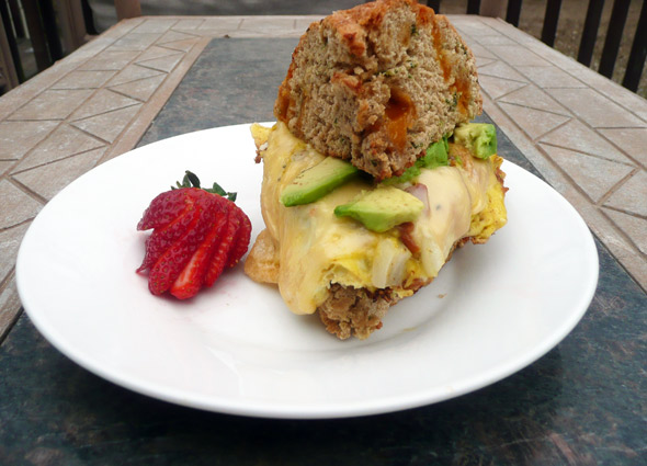 Bacon, Onion, Egg, Melted Gouda and Avocado on Jalapeno Cheddar Beer Bread