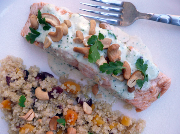 Cashew Salmon with Apricot Cranberry Quinoa and a Cumin Cilantro Ginger Yogurt Sauce