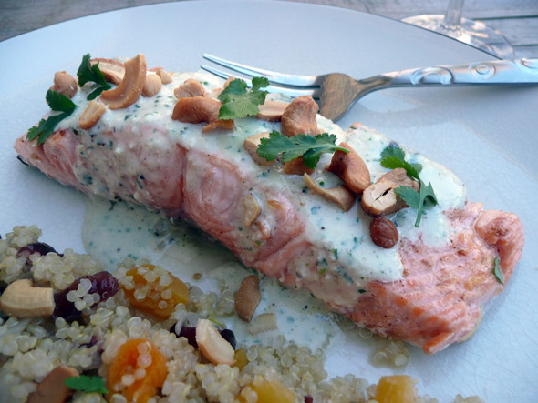 Cashew Salmon with Apricot Cranberry Quinoa and a Cumin Cilantro Ginger Yogurt Sauce