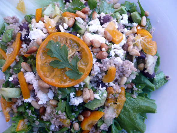 Black Bean, Feta, and Avocado Couscous Salad with Kumquat, Cucumber, Toasted Pinons