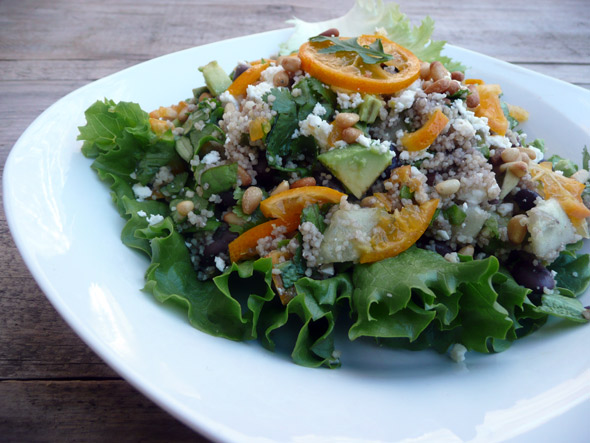 Couscous, Black Bean, Kumquat and Avocado Salad with Feta, Cucumber, and Toasted Pine Nuts