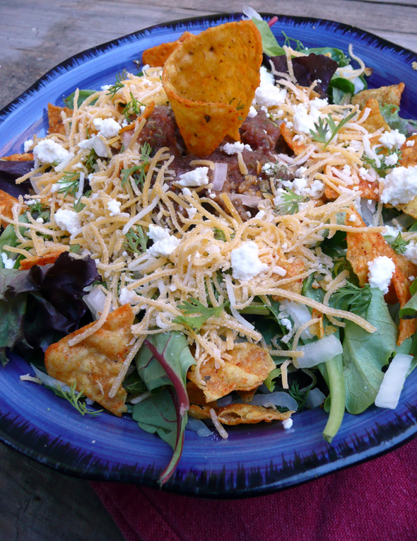 Vegetarian Taco Salad with Doritos, Cilantro, & Goat Cheese