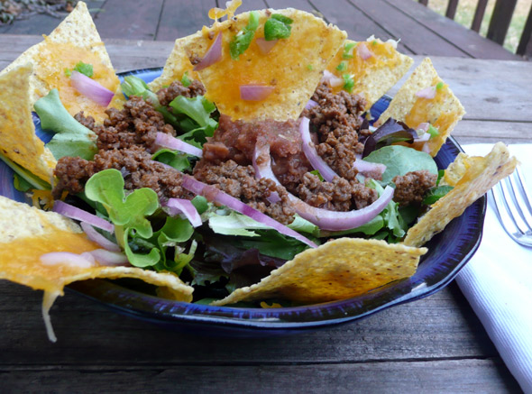 Nacho Salad with Refried Beans, Taco Meat, Nachos, Onions, & Salsa