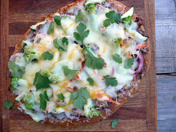 Rainbow Teriyaki Chicken Pizza with Broccoli, Cucumber, Red Onion, Carrot and fresh Cilantro