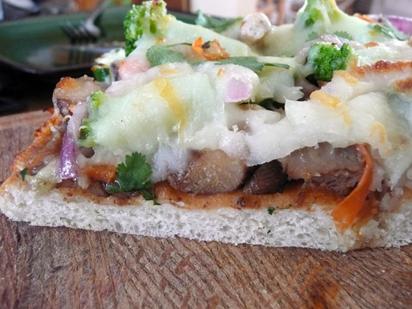 Rainbow Teriyaki Chicken Pizza with Broccoli, Cucumber, Carrot, & Red Onion